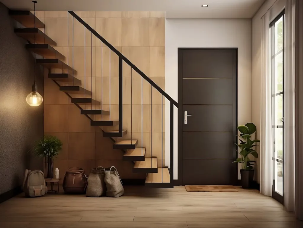 bruine deur naast een bruine trap